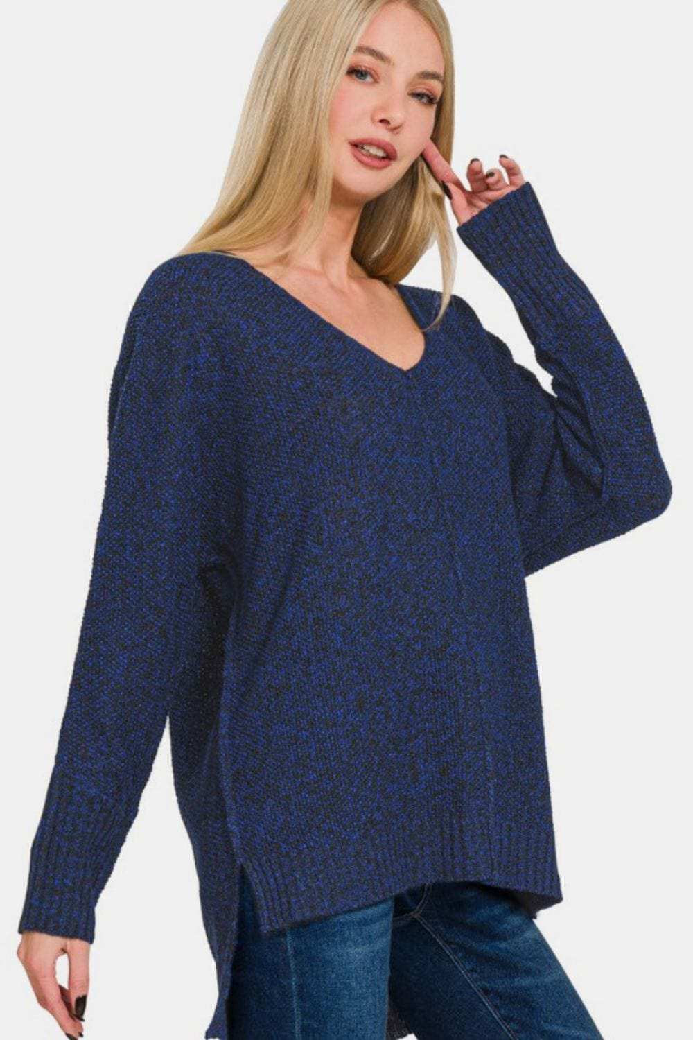 Zenana High-Low Center Seam V-Neck Sweater - Trendsi - Flyclothing LLC