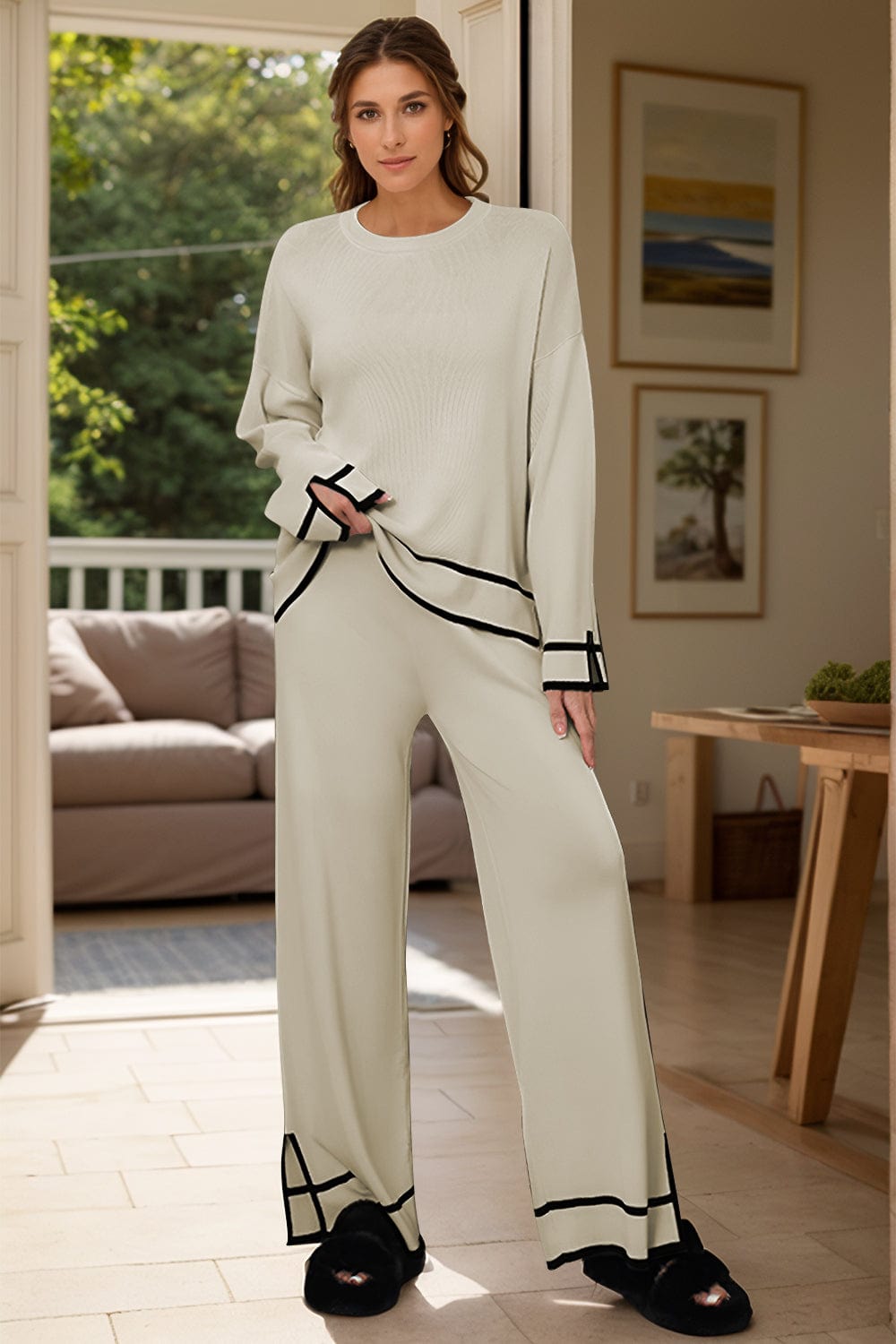 High-Low Round Neck Top and Pants Sweater Set - Trendsi