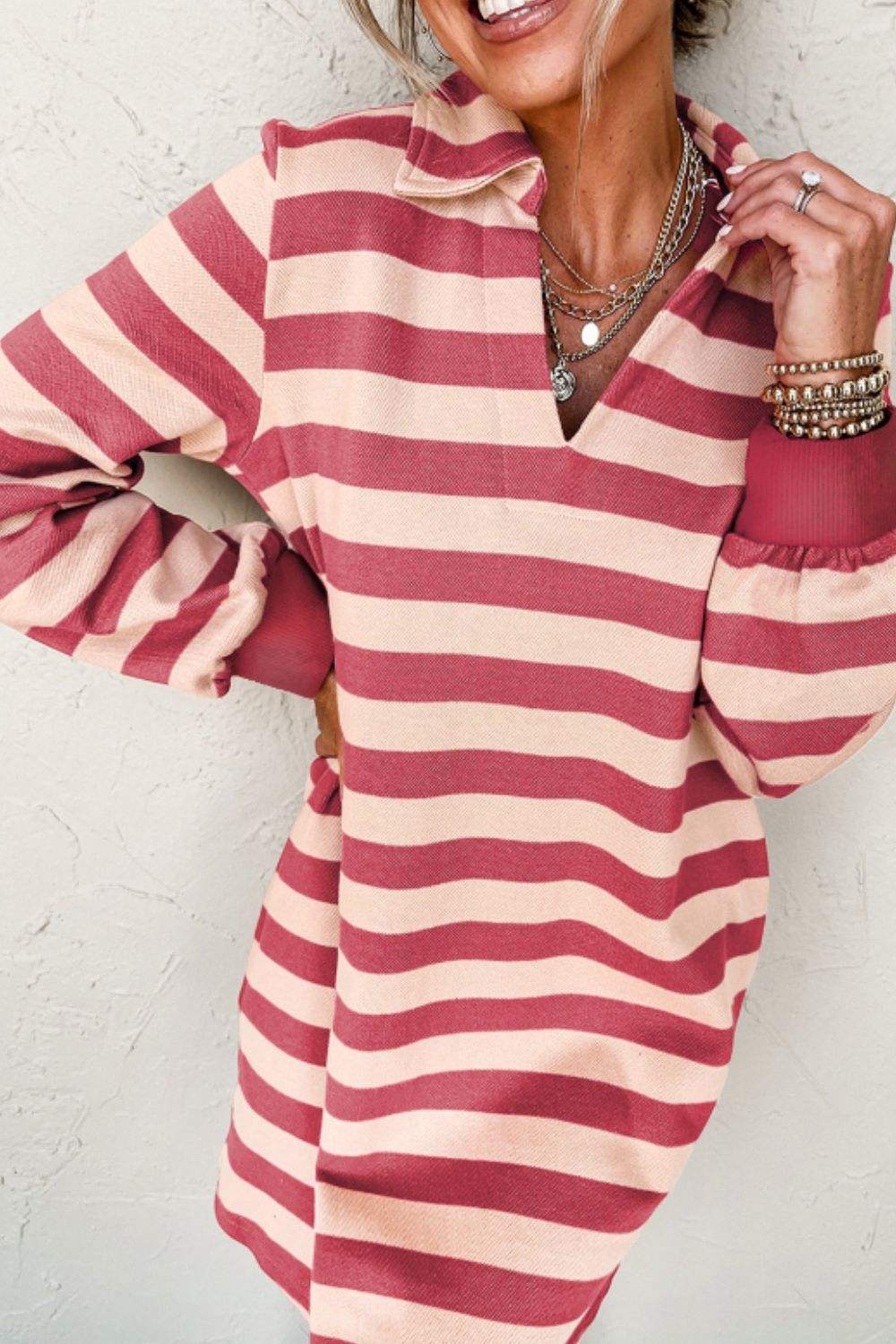 Contrast Striped Johnny Collar Long Sleeve Mini Dress - Trendsi - Flyclothing LLC