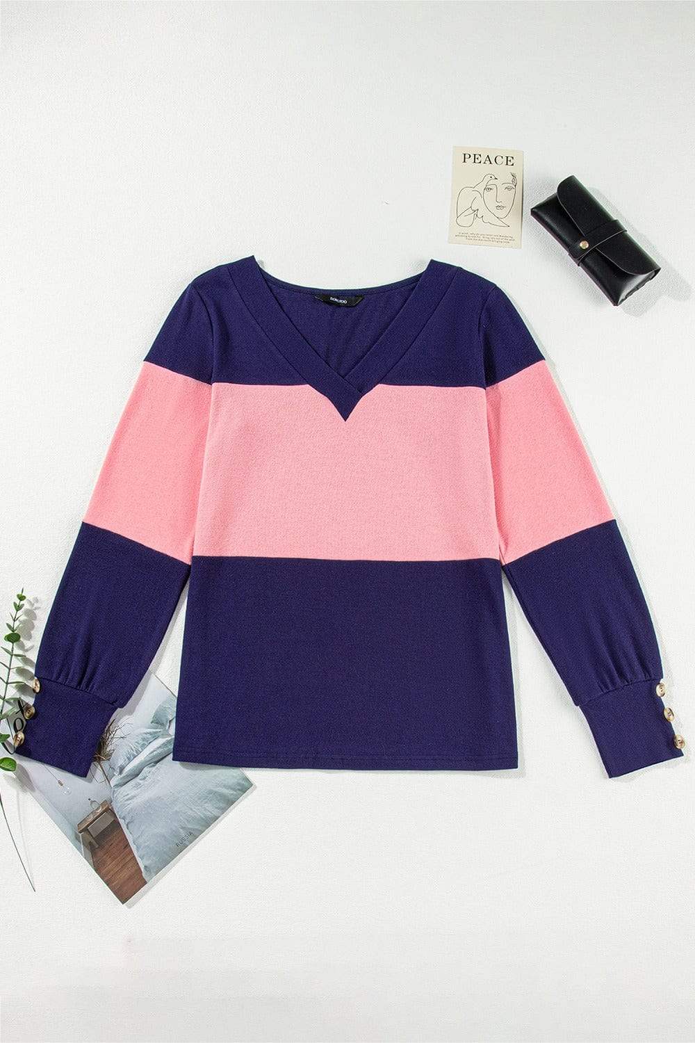 Color Block V-Neck Long Sleeve Top - Trendsi - Flyclothing LLC
