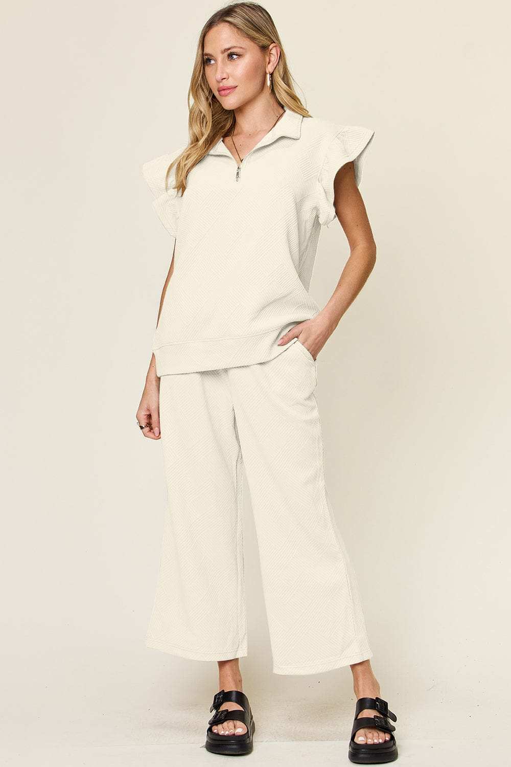 Double Take Texture Ruffle Short Sleeve Top and Drawstring Wide Leg Pants Set - Trendsi - Flyclothing LLC