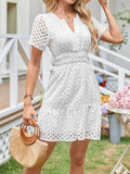 Eyelet Notched Short Sleeve Dress - Trendsi