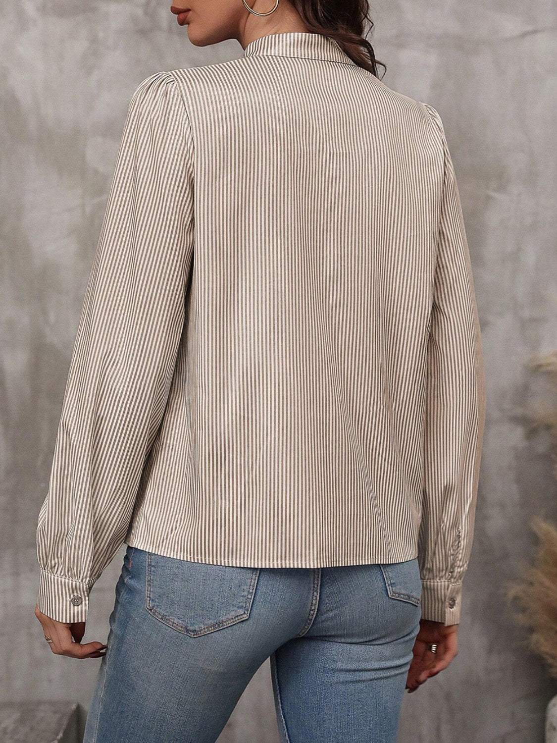 Striped Tie Neck Long Sleeve Blouse - Trendsi - Flyclothing LLC