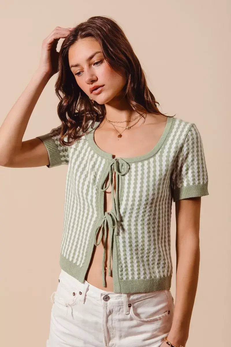 SO ME Tie Front Textured Vertical Stripe Knit Cardigan - Trendsi - Flyclothing LLC
