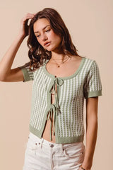 SO ME Tie Front Textured Vertical Stripe Knit Cardigan - Trendsi - Flyclothing LLC