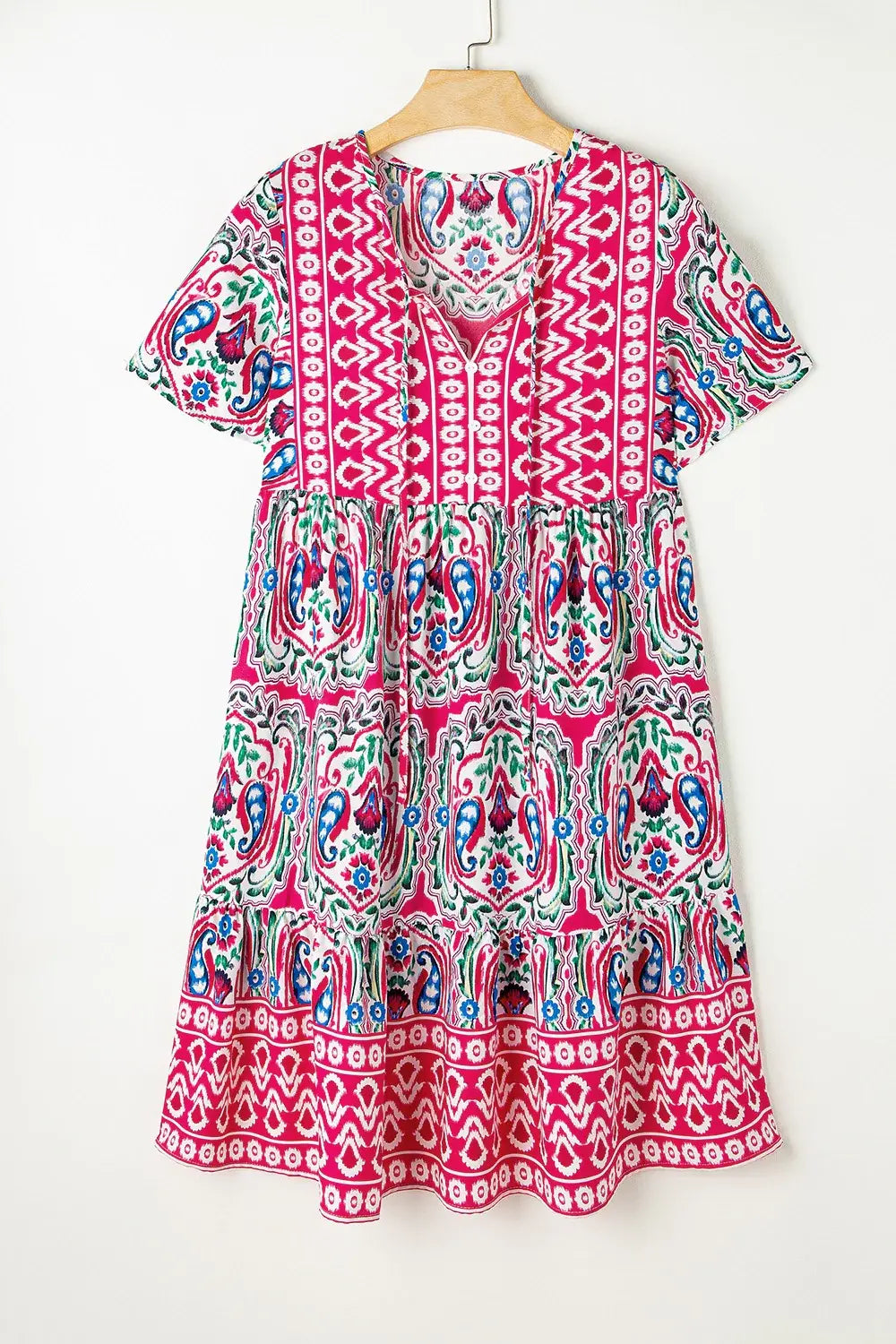 Printed Tie Neck Short Sleeve Dress - Trendsi - Flyclothing LLC
