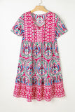 Printed Tie Neck Short Sleeve Dress - Trendsi