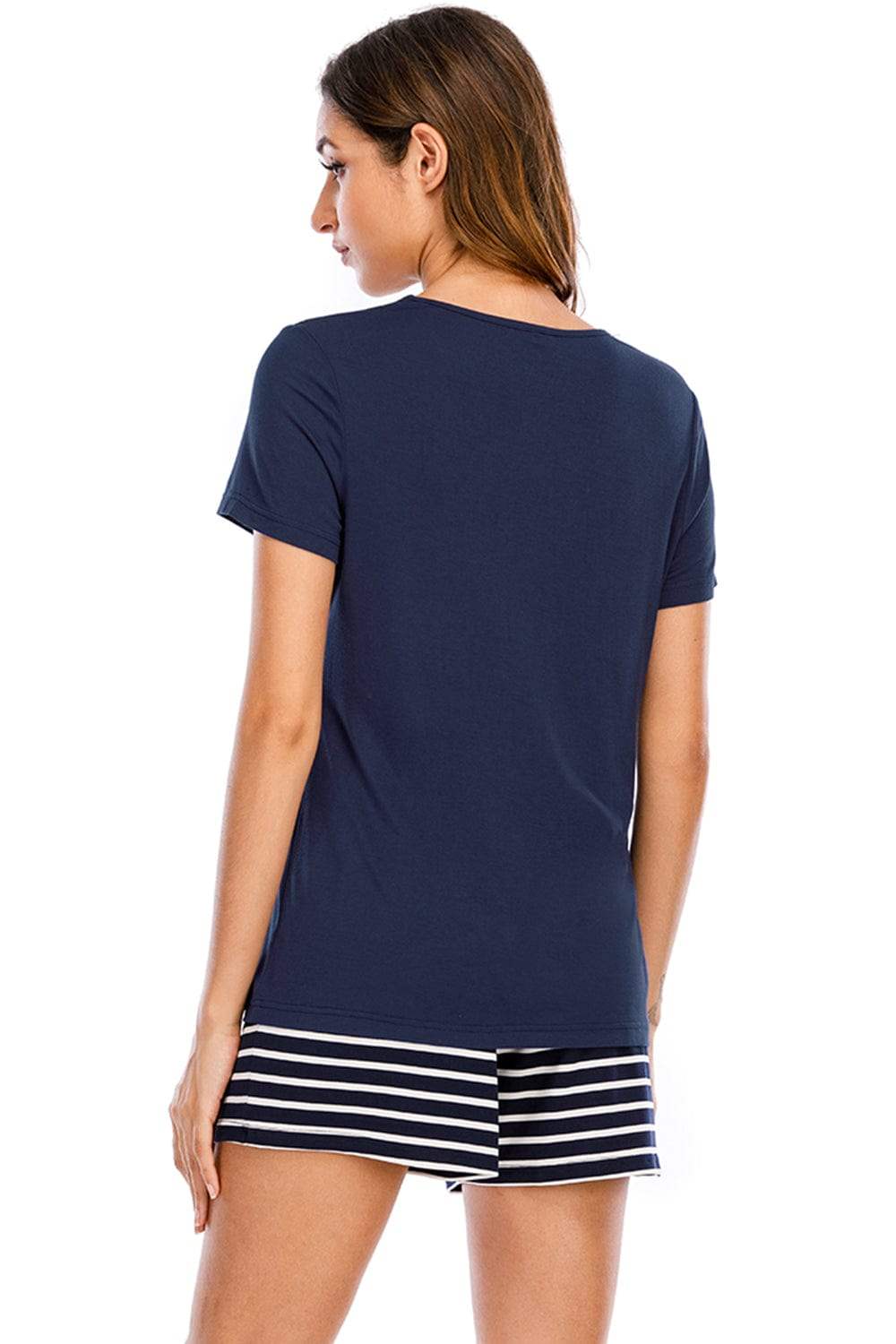 Graphic Round Neck Top and Striped Shorts Lounge Set - Trendsi - Flyclothing LLC