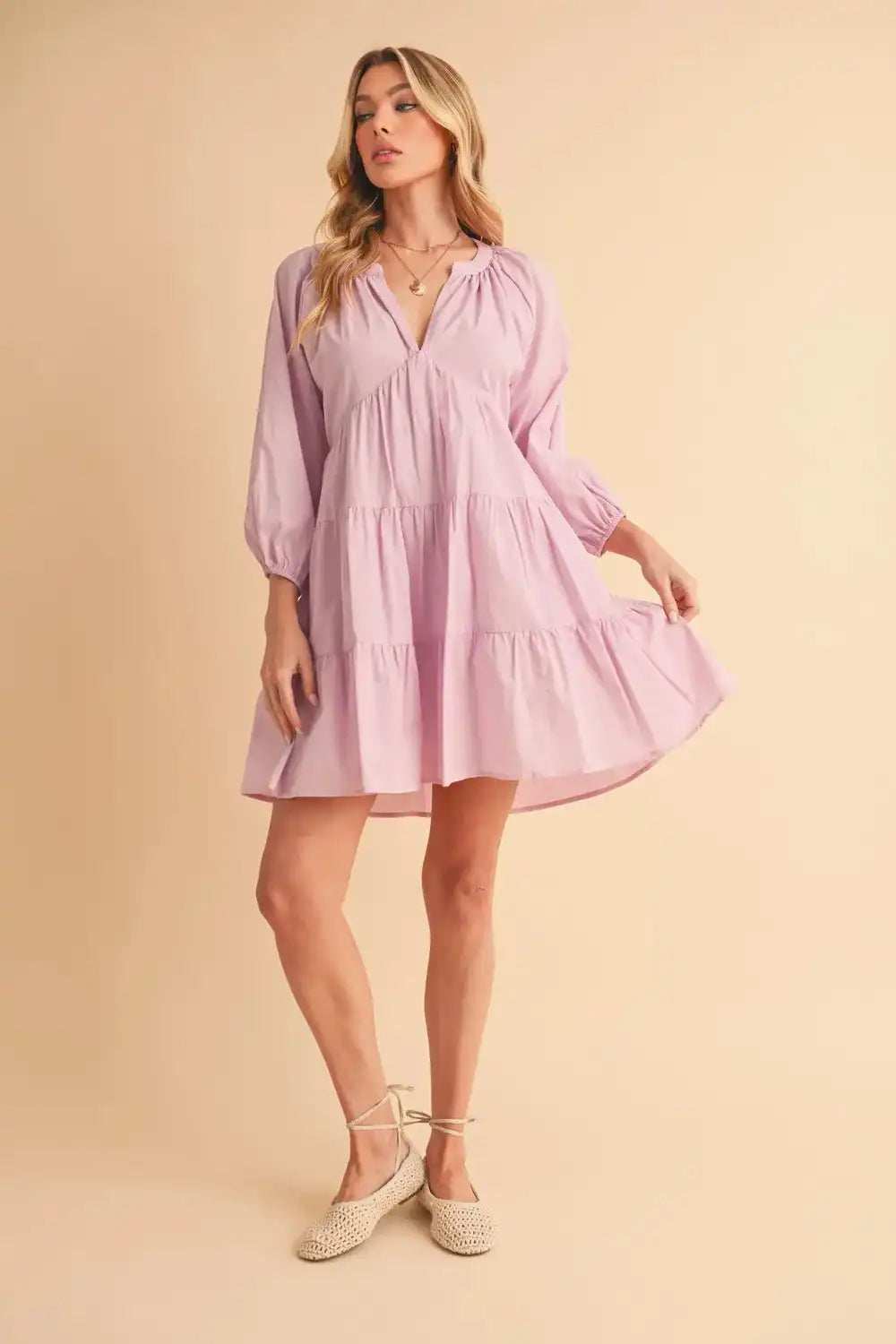 Aemi + Co Notched Balloon Sleeve Tiered Mini Dress - Trendsi - Flyclothing LLC