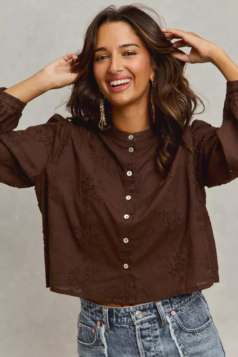 SO ME 3d Floral Woven Long Sleeve Front Button Shirt - Trendsi - Flyclothing LLC