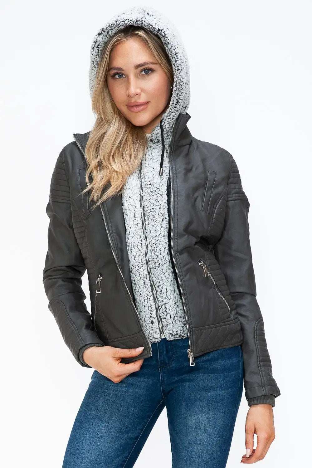 YMI Faux Layered Double-Zipper Jacket with Fuzzy Hood - Trendsi - Flyclothing LLC