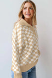 Checkered Collared Neck Long Sleeve Sweater - Trendsi - Flyclothing LLC