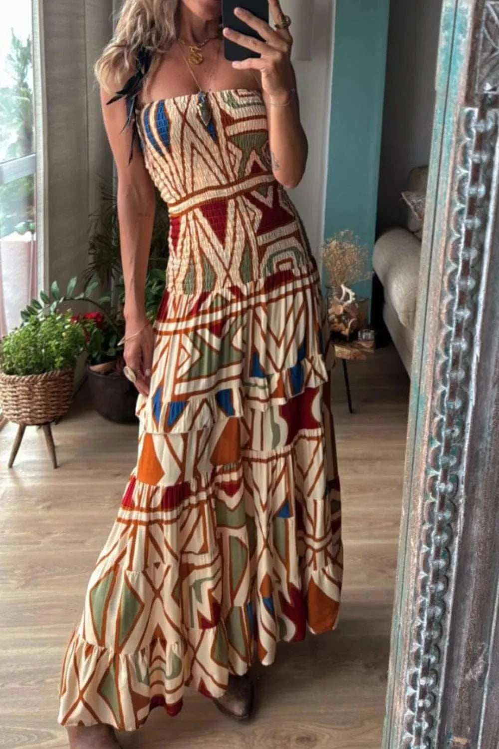 Smocked Printed Tube Dress - Trendsi - Flyclothing LLC