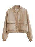 Pocketed Snap Down Baseball Collar Jacket - Trendsi