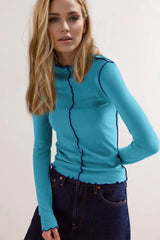 Basic Bae Contrast Trim Mock Neck Long Sleeve T-Shirt - ShopBasicbae - Flyclothing LLC