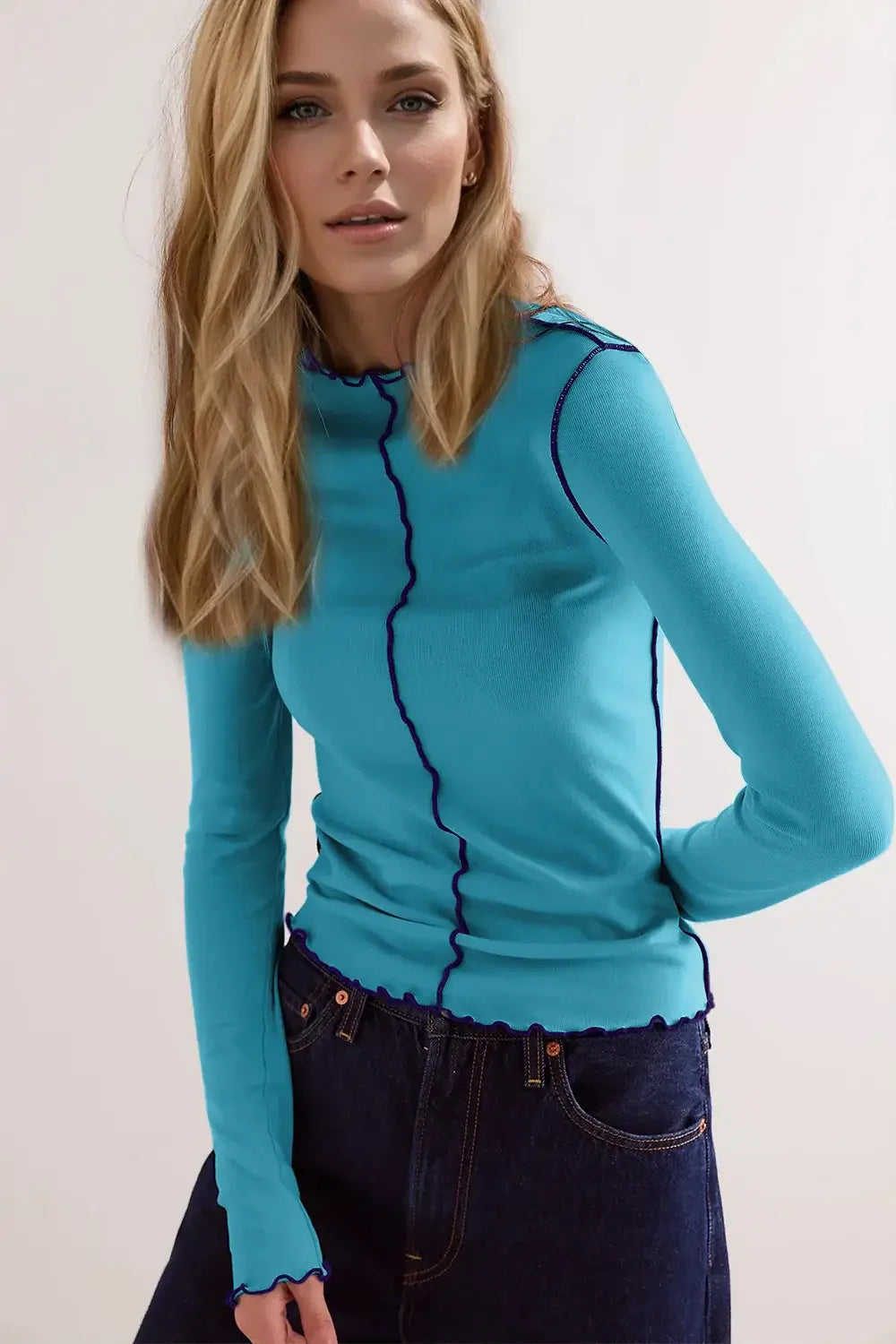 Basic Bae Contrast Trim Mock Neck Long Sleeve T-Shirt - Trendsi - Flyclothing LLC