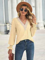 V-Neck Eyelet Flounce Sleeve Blouse - Trendsi - Flyclothing LLC