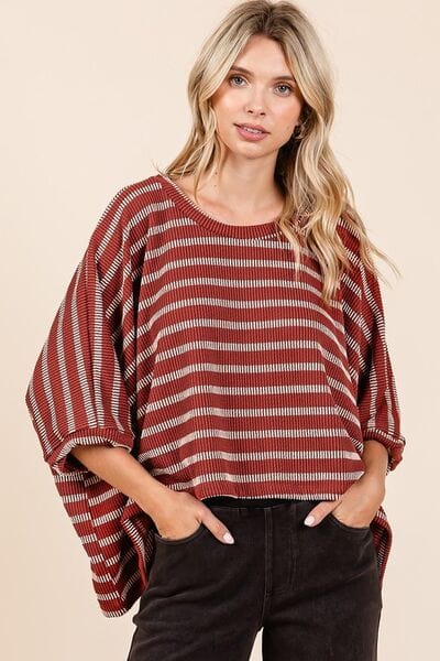Mittoshop Texture Striped Print Round Neck Dolman Sleeve Top - Trendsi