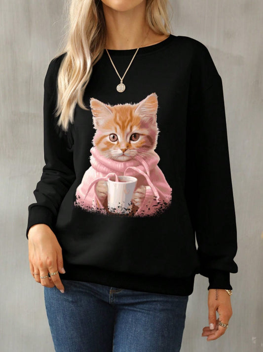 Cat Round Neck Long Sleeve Sweatshirt - Trendsi