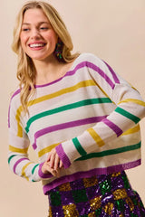 SO ME Mardi Gras Color Stripe Lightweight Sweater Top - Trendsi - Flyclothing LLC