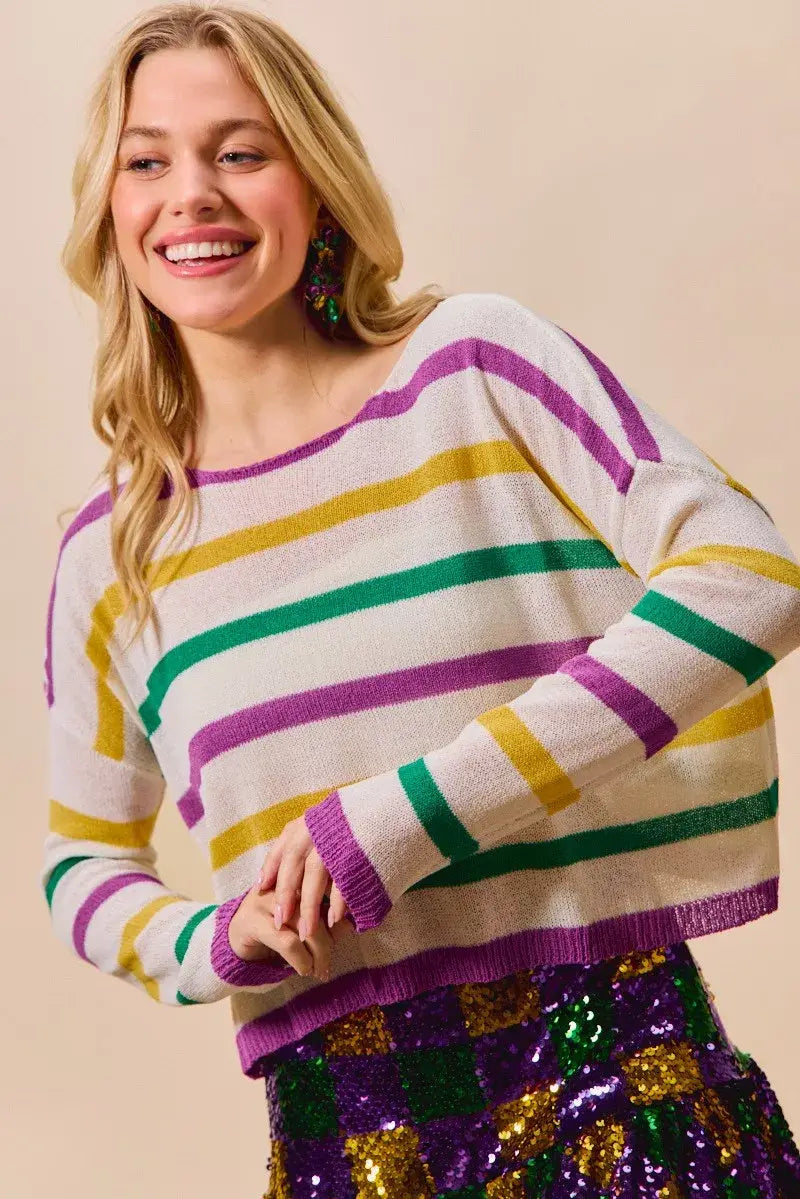 SO ME Mardi Gras Color Stripe Lightweight Sweater Top - Trendsi - Flyclothing LLC