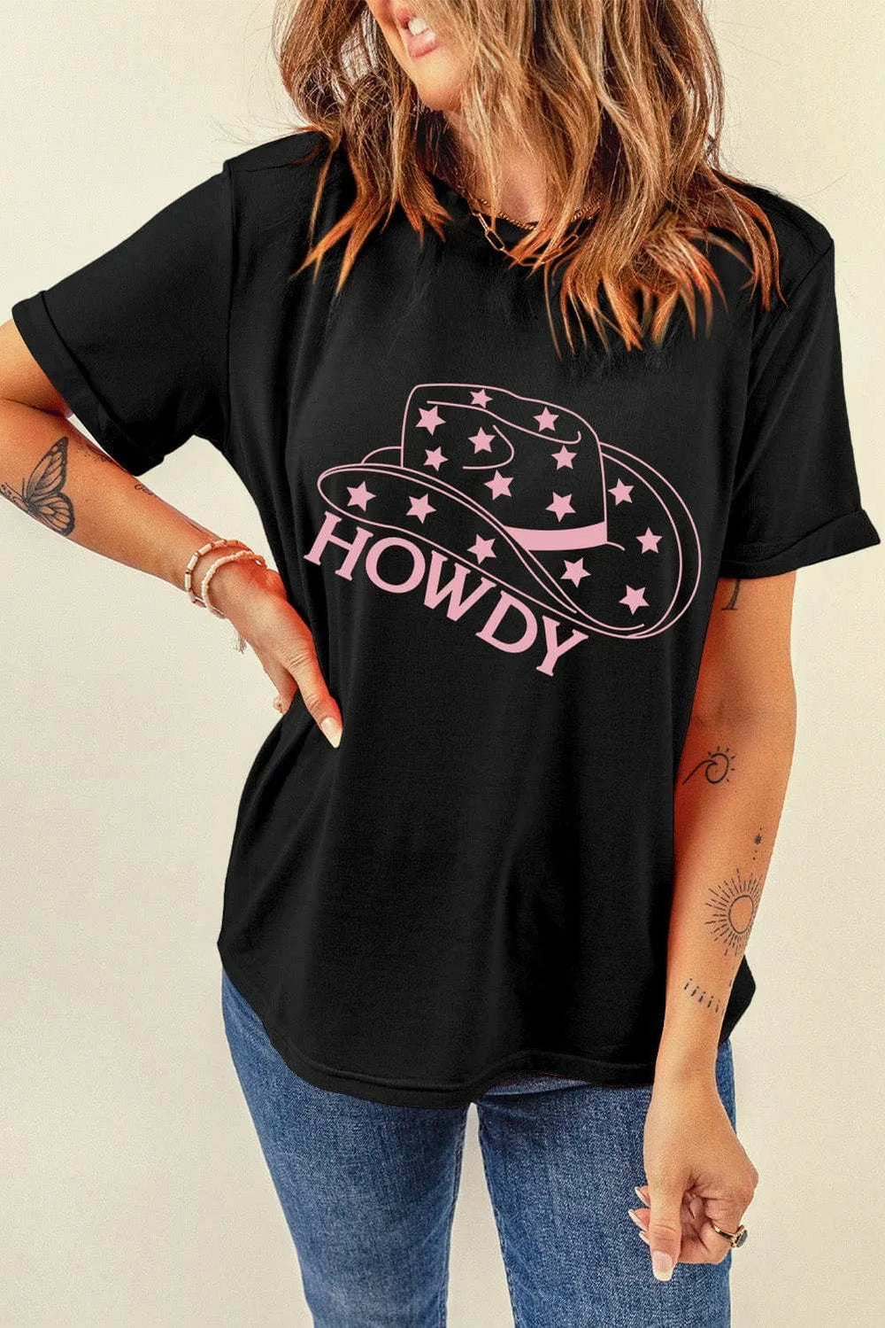 HOWDY Round Neck Short Sleeve T-Shirt - Trendsi - Flyclothing LLC
