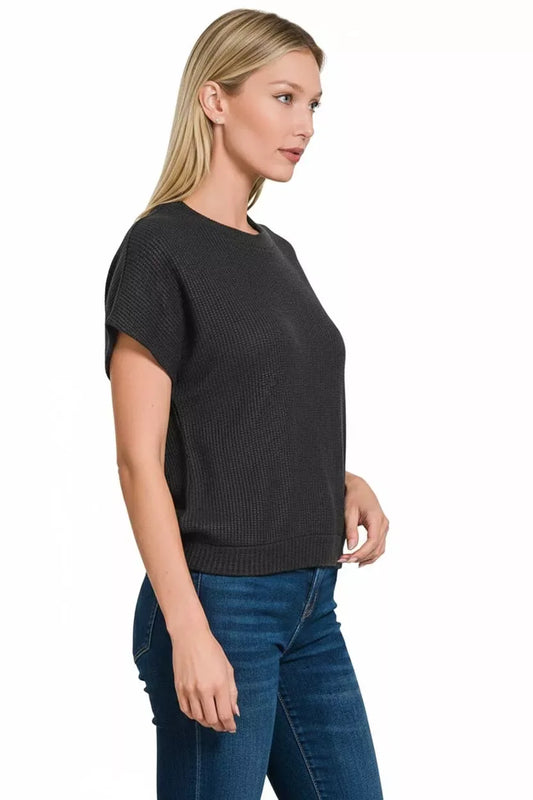 Zenana Round Neck Banded Botton Short Sleeve Sweater - Trendsi - Flyclothing LLC
