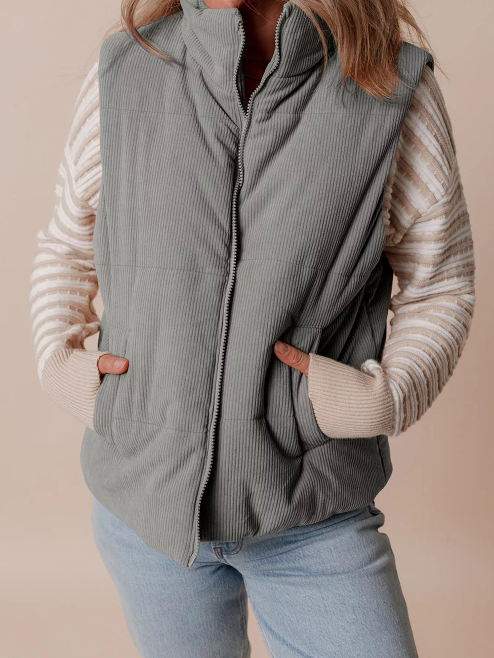 Corduroy Stand Neck Zipped Puffer Vest - Trendsi - Flyclothing LLC