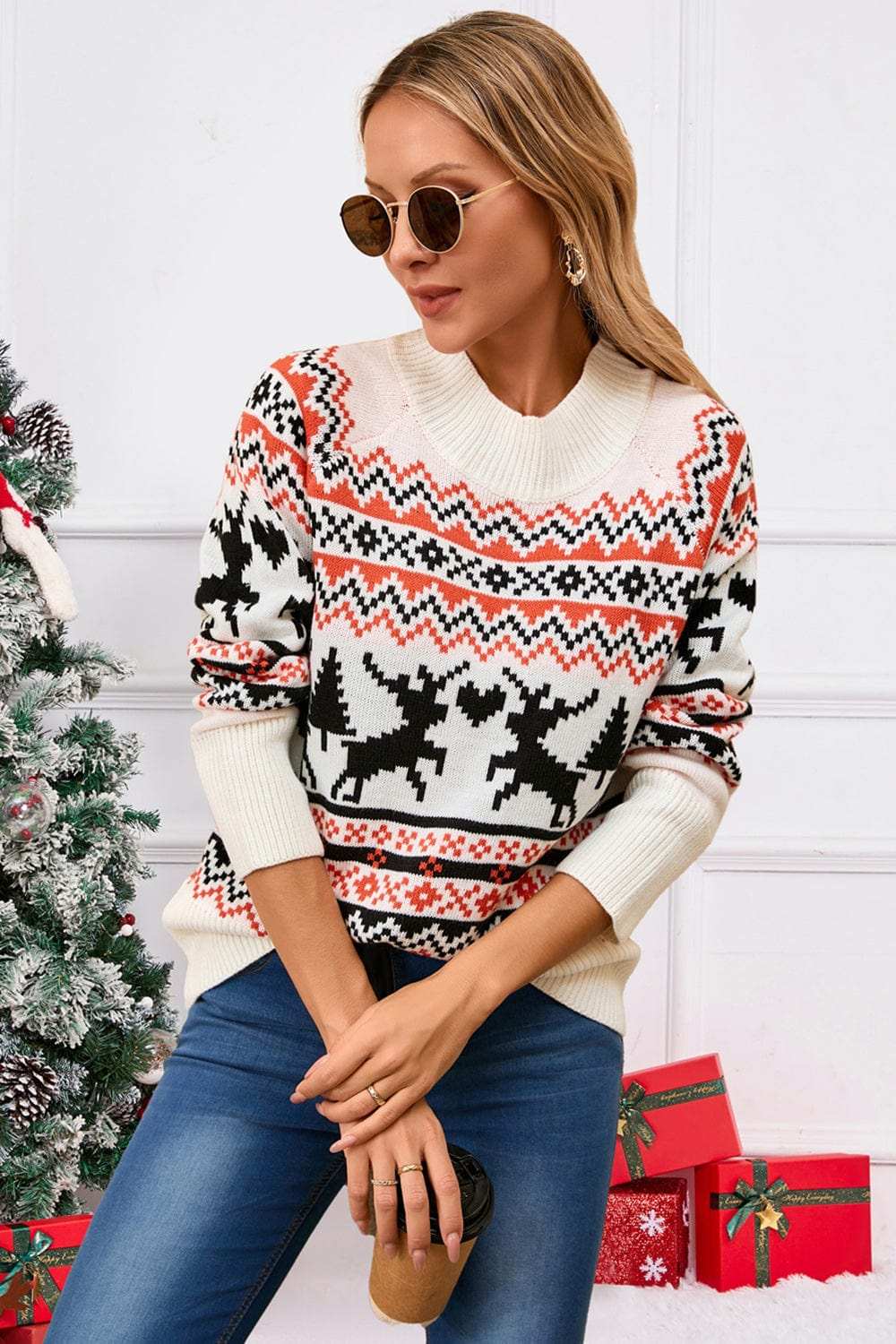 Angel Wings Reindeer Round Neck Long Sleeve Sweater - Trendsi - Flyclothing LLC