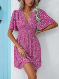 Printed V-Neck Half Sleeve Mini Dress - Trendsi - Flyclothing LLC