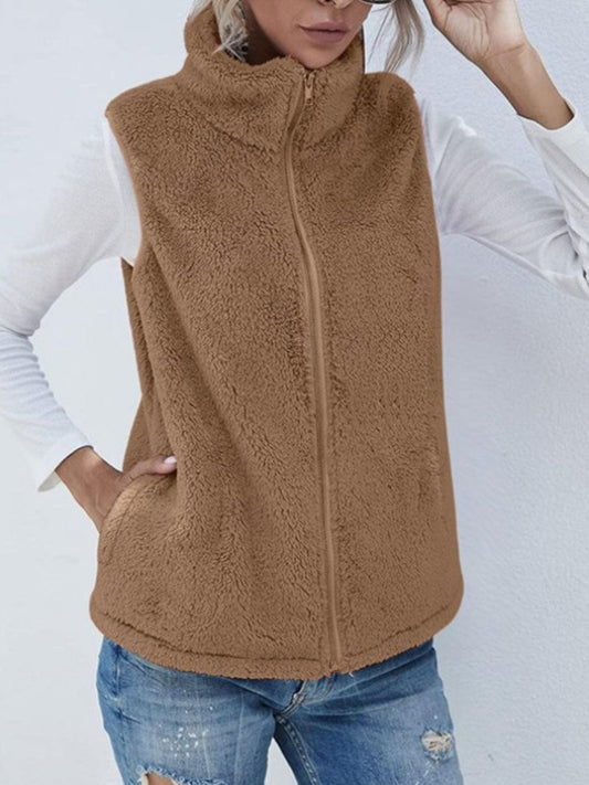 Full Size Fuzzy Zip Up Vest Coat with Pockets - Trendsi