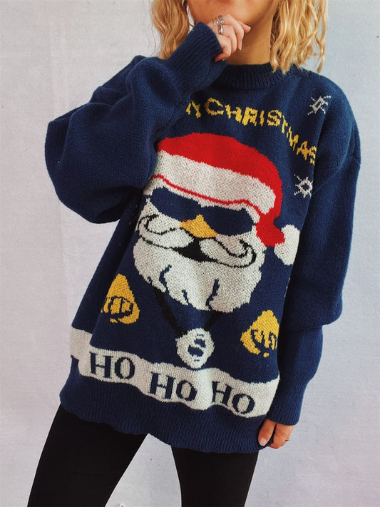 Santa Round Neck Long Sleeve Sweater - Trendsi