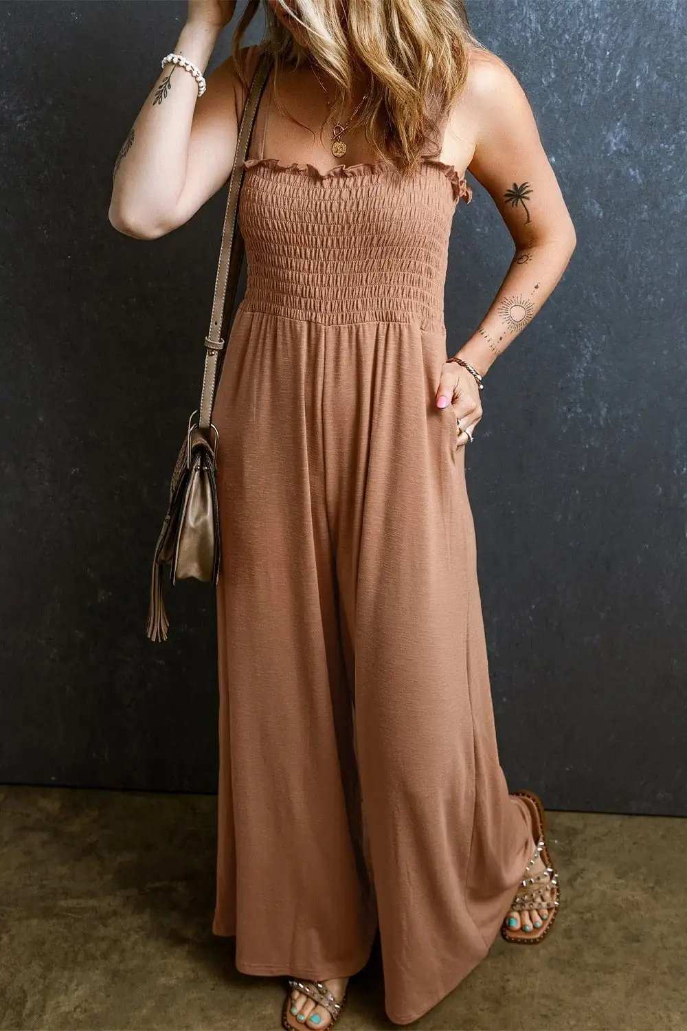 Frill Smocked Wide Leg Jumpsuit - Trendsi - Flyclothing LLC