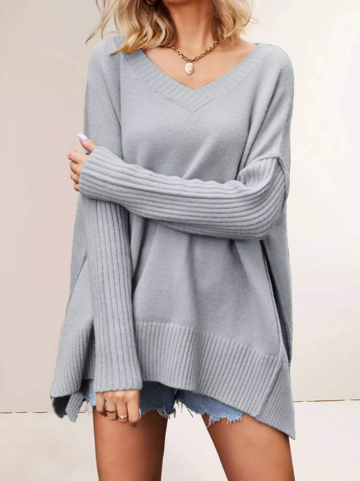 V-Neck Ribbed Sleeve Sweater - Trendsi - Flyclothing LLC