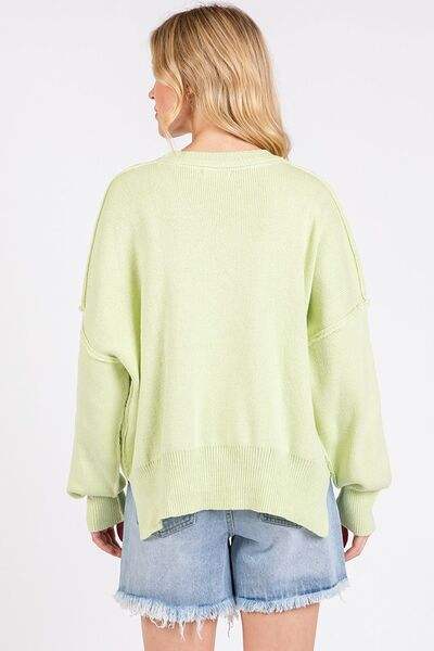 Mittoshop Side Slit Round Neck Drop Shoulder Sweater - Trendsi - Flyclothing LLC