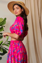 Davi & Dani Smocing Bodice Puff Short Sleeve Printed Crop Top - Trendsi - Flyclothing LLC