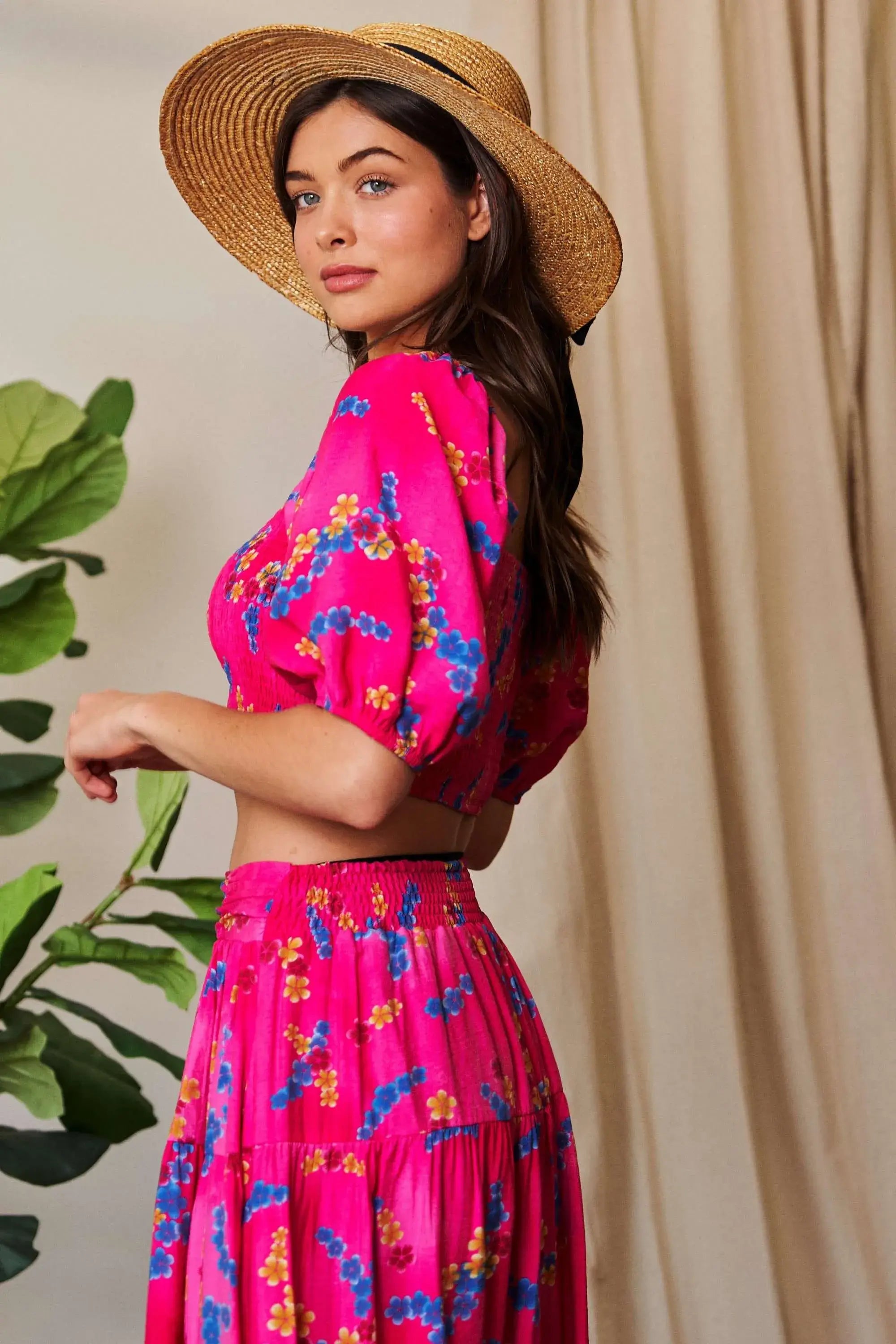 Davi & Dani Smocing Bodice Puff Short Sleeve Printed Crop Top - Trendsi - Flyclothing LLC