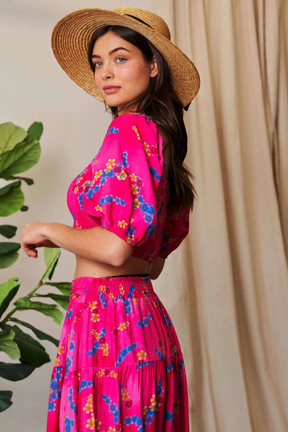 Davi & Dani Smocing Bodice Puff Short Sleeve Printed Crop Top - Trendsi - Flyclothing LLC