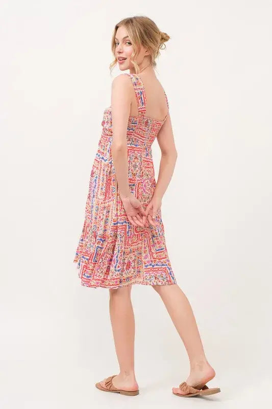 And The Why Tied Front Smocked Back Tiered Boho Printed Dress - Trendsi - Flyclothing LLC