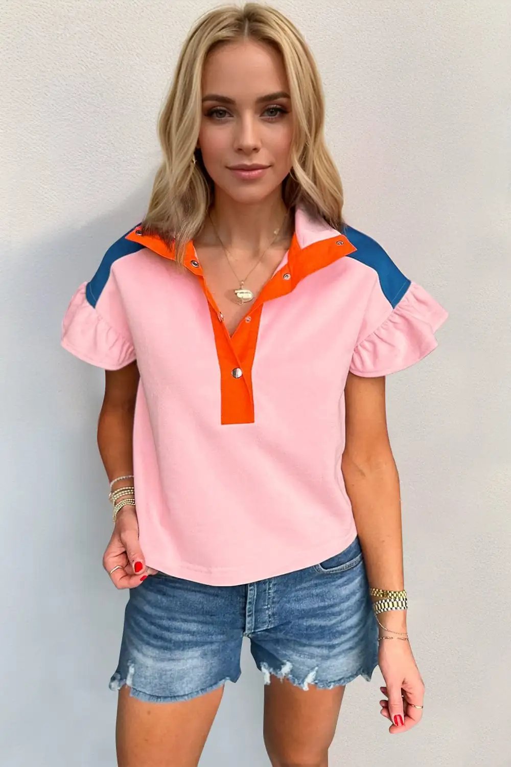 Oh Full Size Contrast Half Snap Short Sleeve Blouse - Trendsi