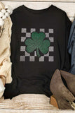 Rhinestone Checkered Lucky Clover Round Neck Sweatshirt - Trendsi - Flyclothing LLC