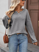 Striped Notched Long Sleeve T-Shirt - Trendsi - Flyclothing LLC