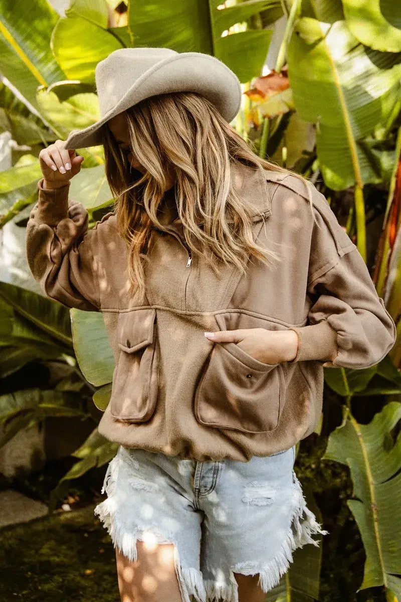 BiBi Half Zip Vintage Washed Fleece Pullover - Trendsi - Flyclothing LLC