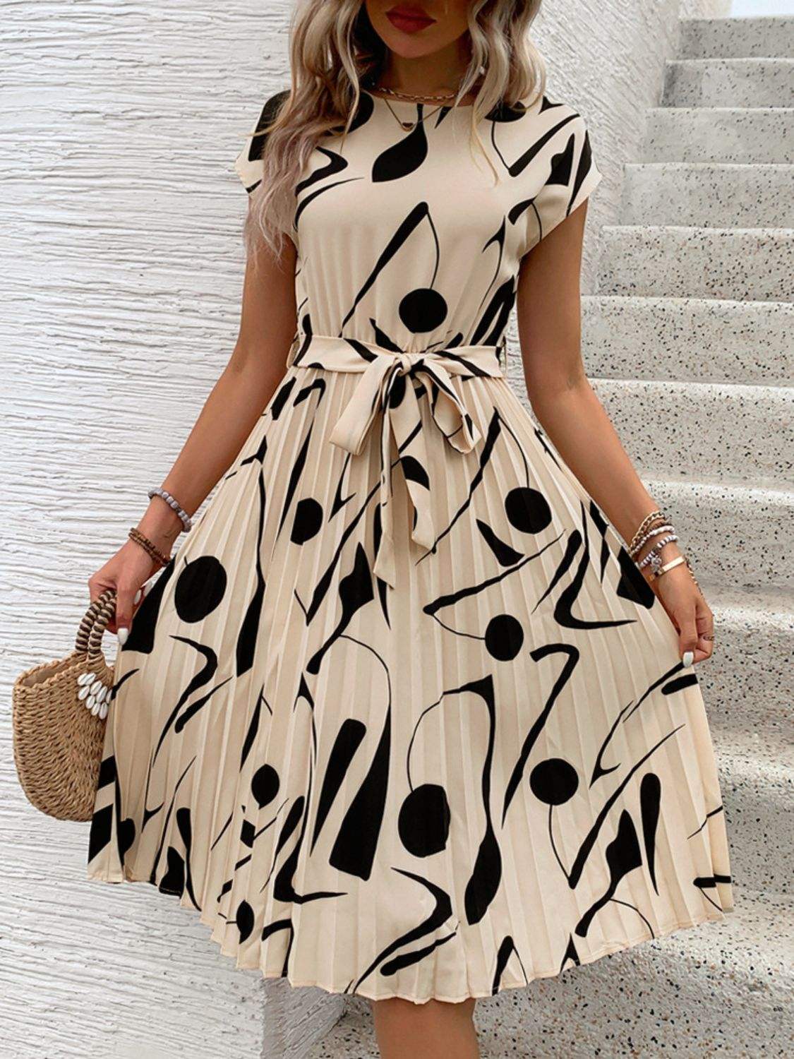 Tied Pleated Printed Cap Sleeve Dress - Trendsi - Flyclothing LLC