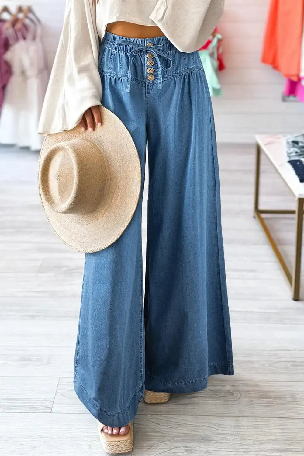 Drawstring Elastic Waist Wide Leg Jeans - Trendsi