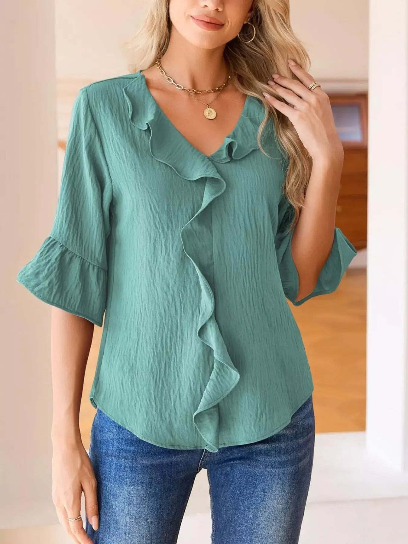 Ruffled Flounce Sleeve Blouse - Trendsi - Flyclothing LLC