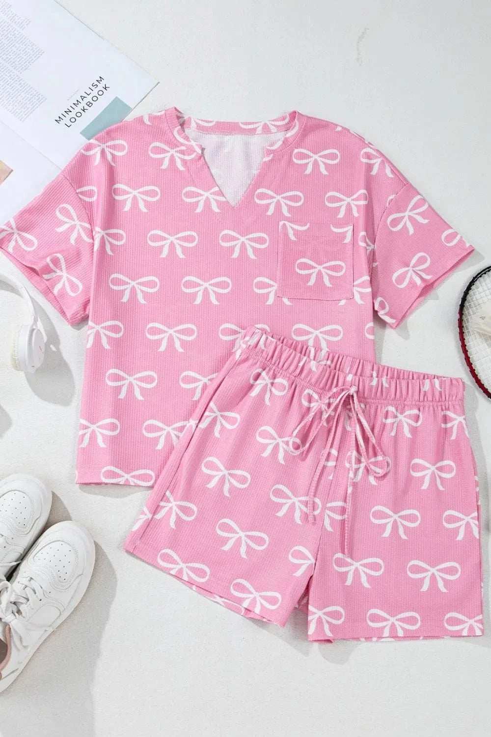 Bowknot Printed Notched T-Shirt and Shorts Set - Trendsi - Flyclothing LLC