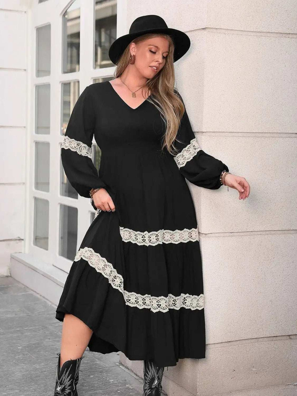 Plus Size Lace Detail V-Neck Long Sleeve Midi Dress - Trendsi - Flyclothing LLC
