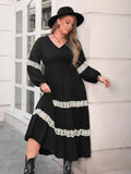 Plus Size Lace Detail V-Neck Long Sleeve Midi Dress - Trendsi - Flyclothing LLC