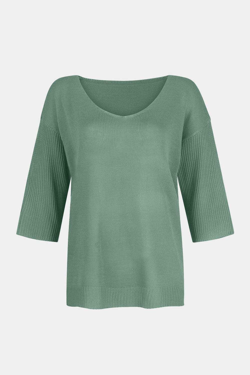 V-Neck Three-Quarter Sleeve Knit Top - Trendsi - Flyclothing LLC